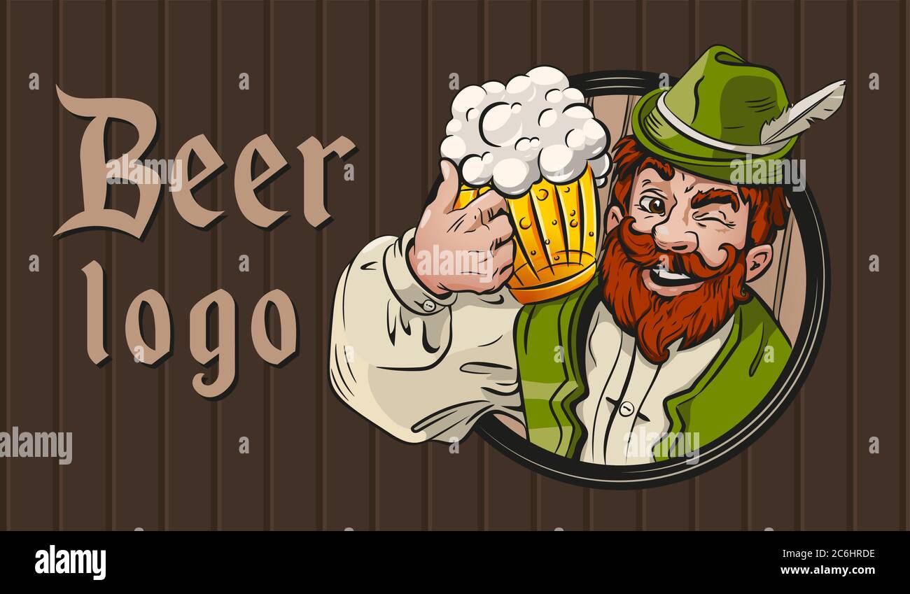 Logo, emblème, festival de la bière. Homme barbu, mug bière. Vêtements allemands et bavarois. Illustration de Vecteur