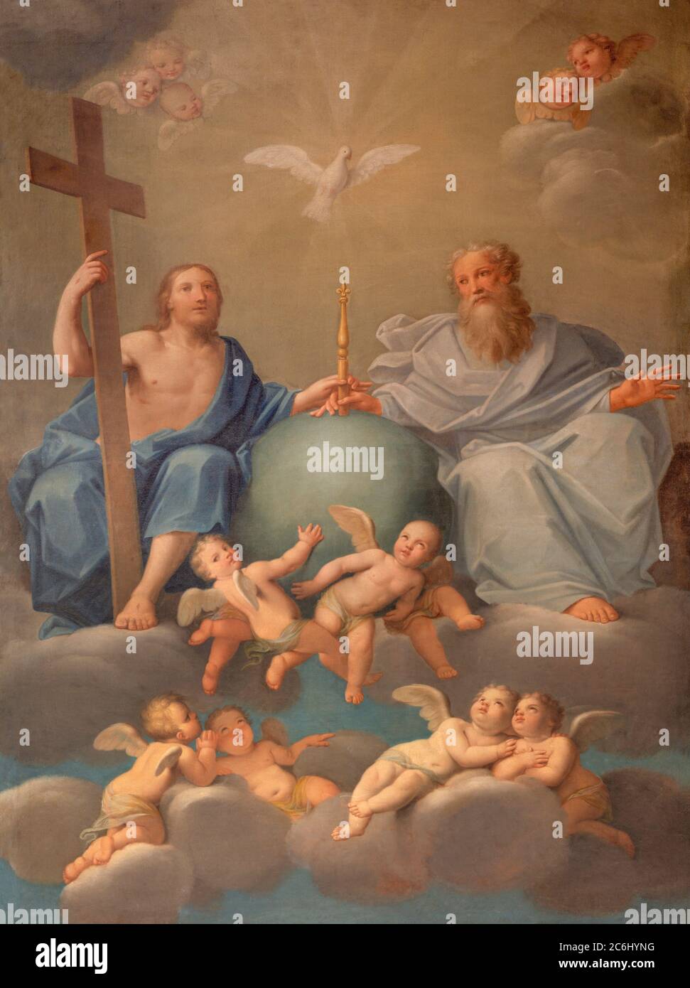 BOLOGNE, ITALIE - 17 MARS 2014 : peinture de la Sainte Trinité dans l'église baroque Chiesa Corpus Christi de Marcantonio Franceschini (1648 - 1729). Banque D'Images