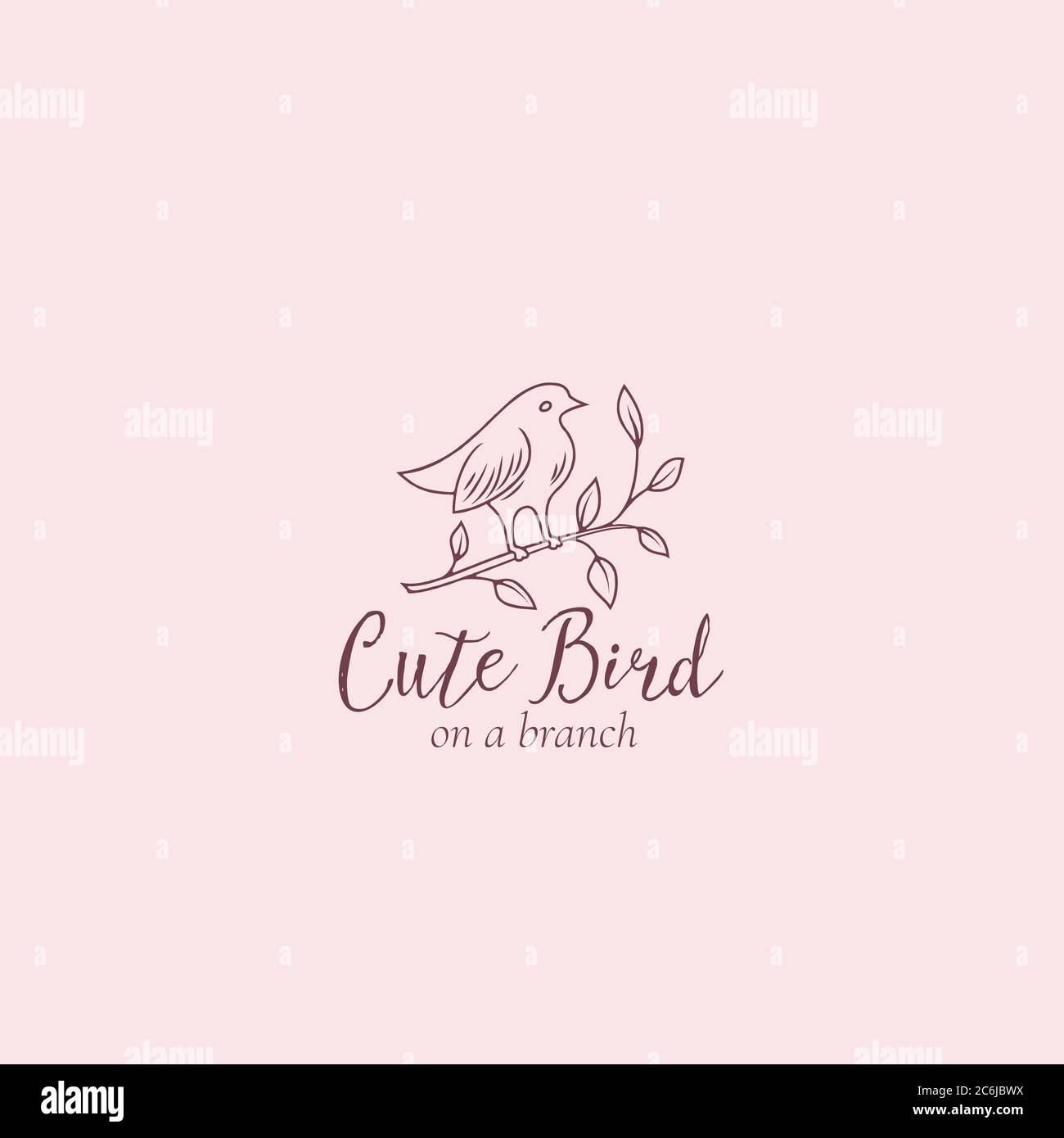 Joli oiseau sur une branche abstrait vecteur de signe, symbole ou modèle de logo. Silhouette de bouleau avec typographie moderne. Emblème féminin de qualité supérieure. Bien Illustration de Vecteur