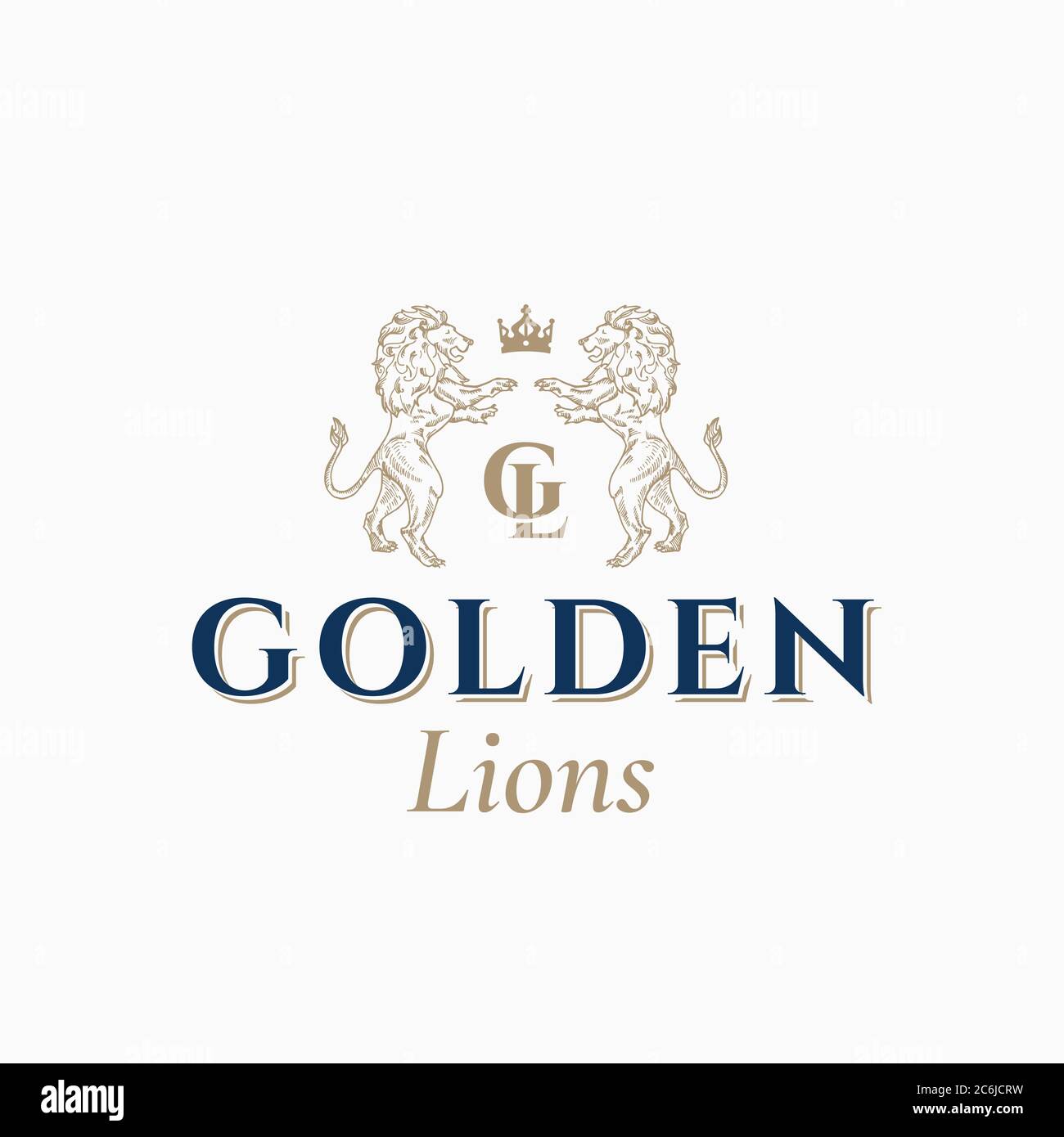 Modèle de symbole, de symbole ou de logo abstrait Golden Lions. Silhouettes de lion dessinées à la main avec typographie rétro élégante. Écusson vintage Heraldry Vector Illustration de Vecteur