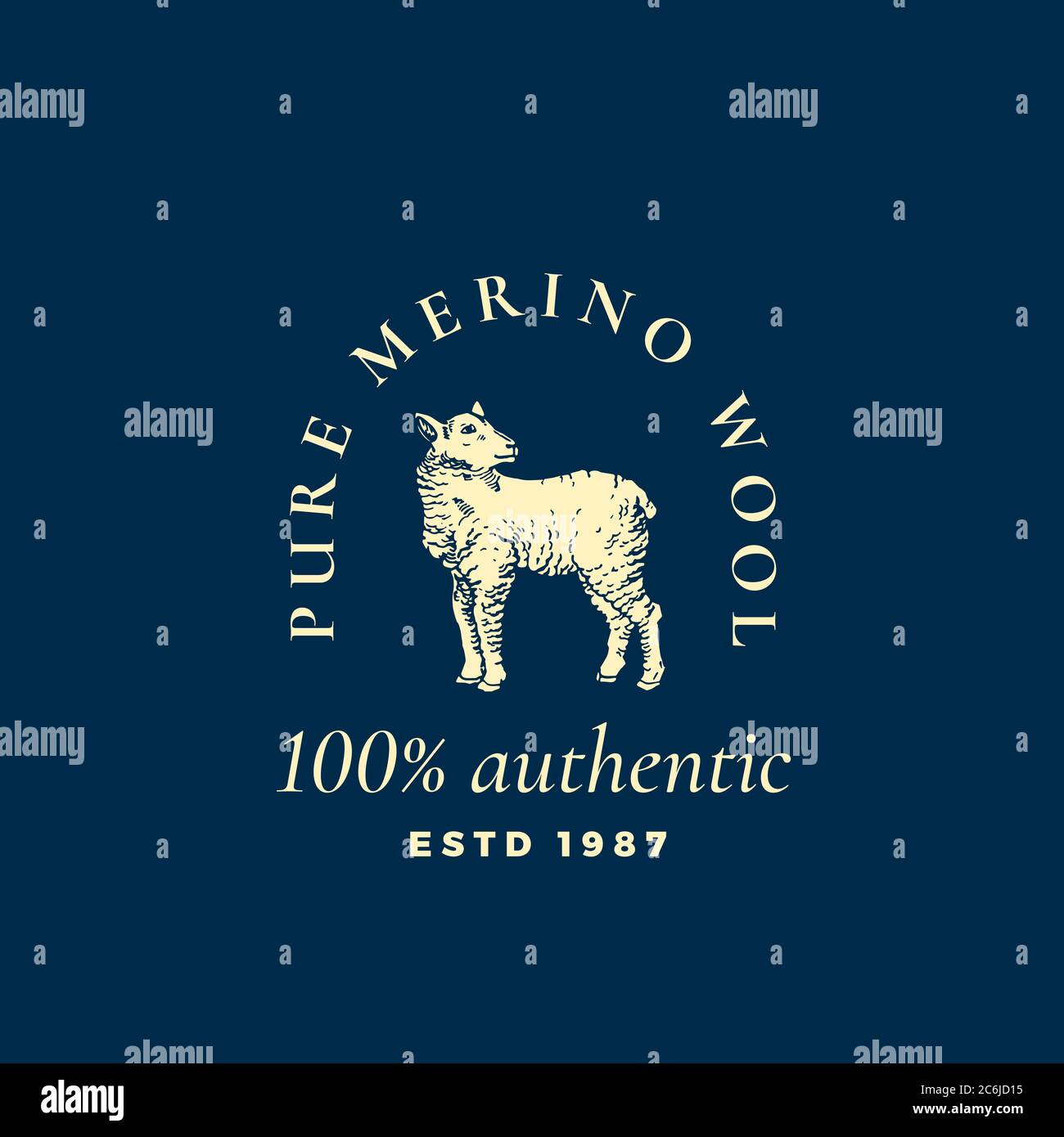 Modèle de symbole, de logo ou de symbole vectoriel 100 % laine de mérinos. Lamb Silltypo dessiné à la main avec rétro-typographie. Emblème vintage Luxury Vector. Illustration de Vecteur