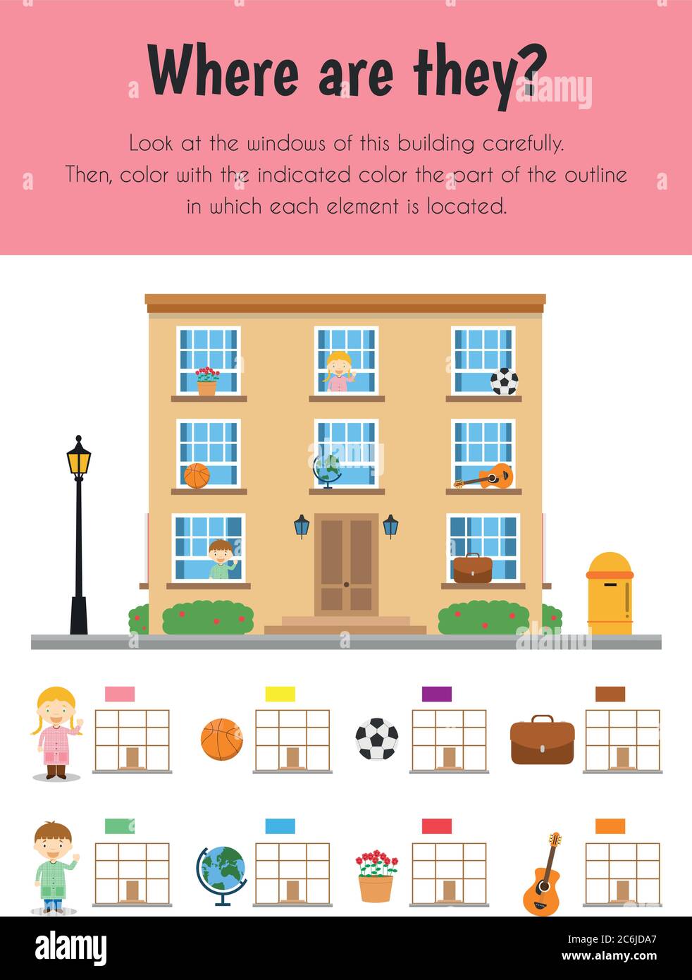 Où sont-ils ? Feuille d'éducation. Module principal pour la compréhension de l'espace. 5-6 ans. Série de fiches pédagogiques Illustration de Vecteur