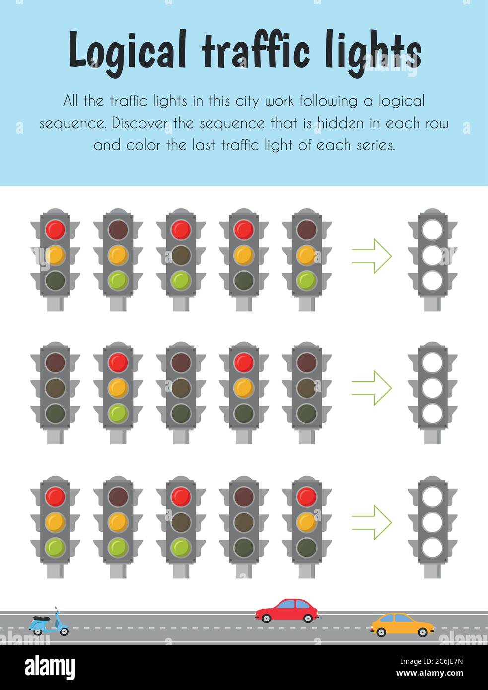 Fiche pédagogique sur les feux de signalisation logiques. Module principal pour le raisonnement logique. 5-6 ans. Série de fiches pédagogiques Illustration de Vecteur