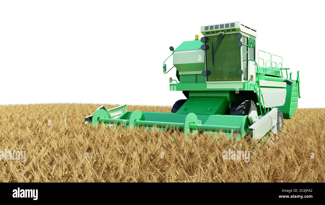 moissonneuse-batteuse moderne travaillant sur une récolte de blé 3g rendu sur blanc Banque D'Images