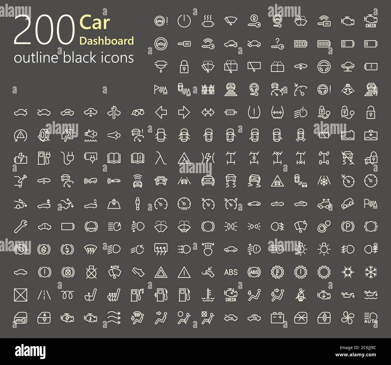 200 icônes de contour de voiture pour l'industrie, l'interface utilisateur, l'application mobile, les présentations et autres Illustration de Vecteur