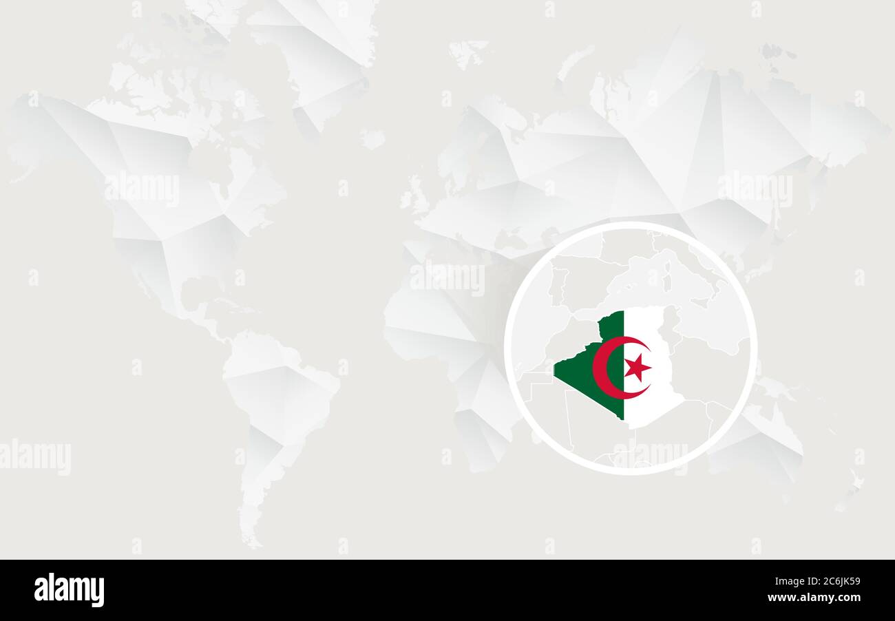 Carte de l'Algérie avec drapeau en contour sur la carte du monde polygonale blanche. Illustration vectorielle. Illustration de Vecteur