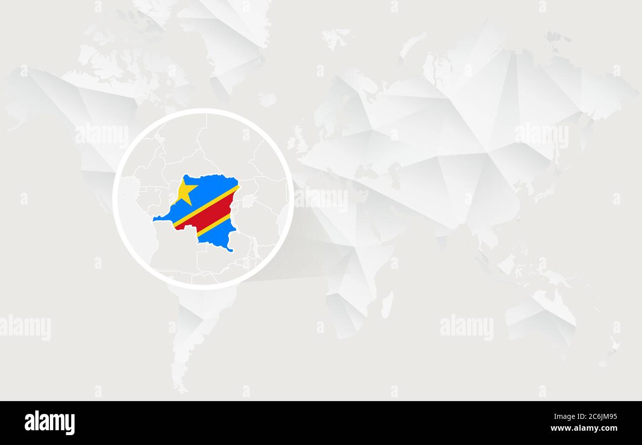 Carte de la République démocratique du Congo avec drapeau en contour sur la carte du monde polygonale blanche. Illustration vectorielle. Illustration de Vecteur