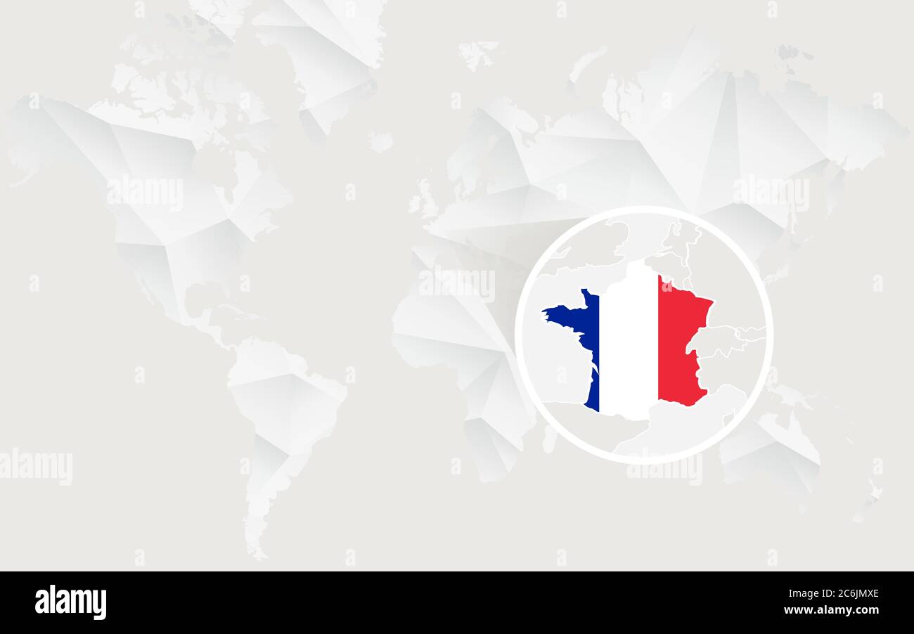 Carte de France avec drapeau en contour sur la carte du monde polygonale blanche. Illustration vectorielle. Illustration de Vecteur