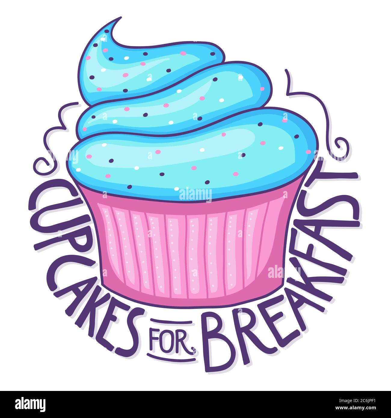 Muffin mignon avec lettrage main du texte cupcakes pour le petit-déjeuner, pour t-shirt design autocollant ou Banque D'Images