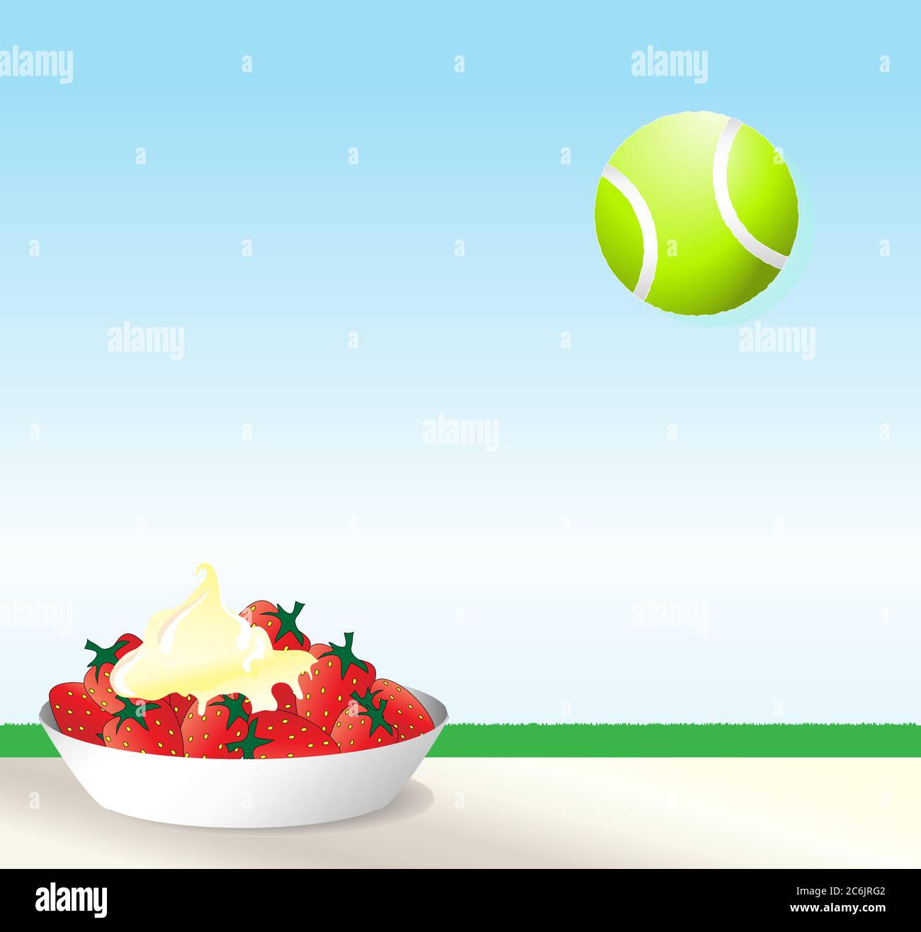 Illustration vectorielle de fraises et de crème avec une balle de tennis contre le ciel bleu. Wimbledon concept avec espace pour le texte. Illustration de Vecteur