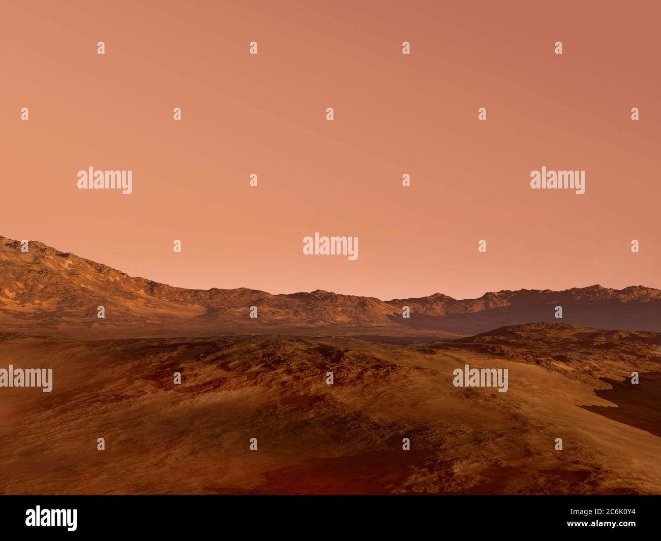 Rendu 3D de paysage Mars avec un terrain rocailleux rouge, pour la science-fiction ou l'exploration spatiale. Banque D'Images