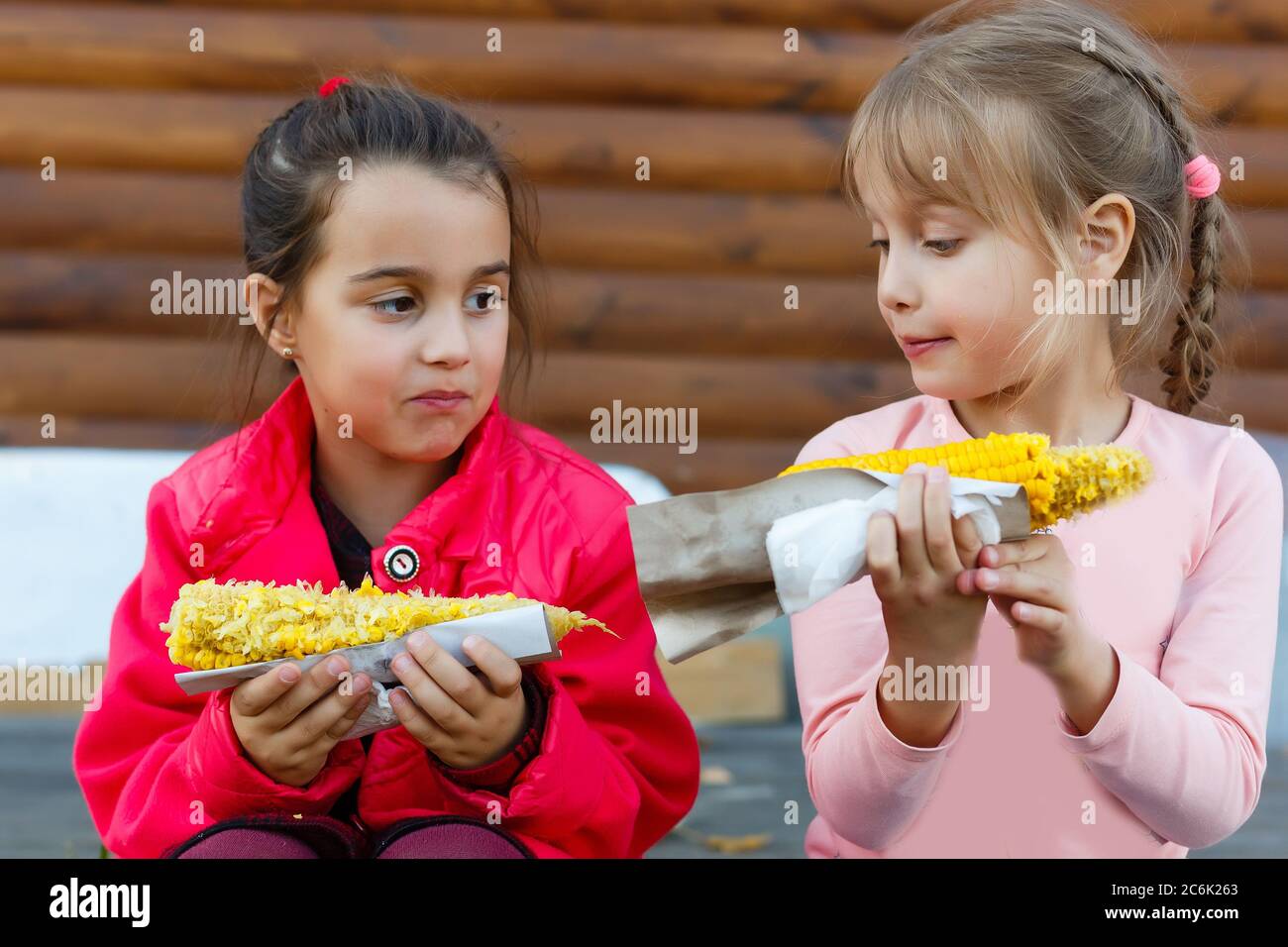 Deux petites filles récoltant et mangeant du maïs dans le champ de maïs. Concept d'agriculture. Banque D'Images