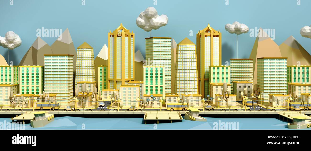 jaune jouet basse poly ville 3d rendu sur bleu Banque D'Images