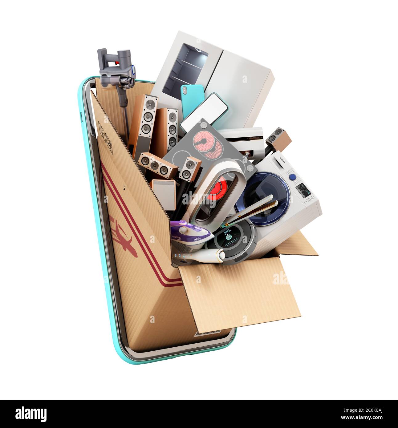 les appareils ménagers modernes dans un tiroir se piedent de l'écran d'un téléphone mobile 3d rendu sur blanc sans ombre Banque D'Images