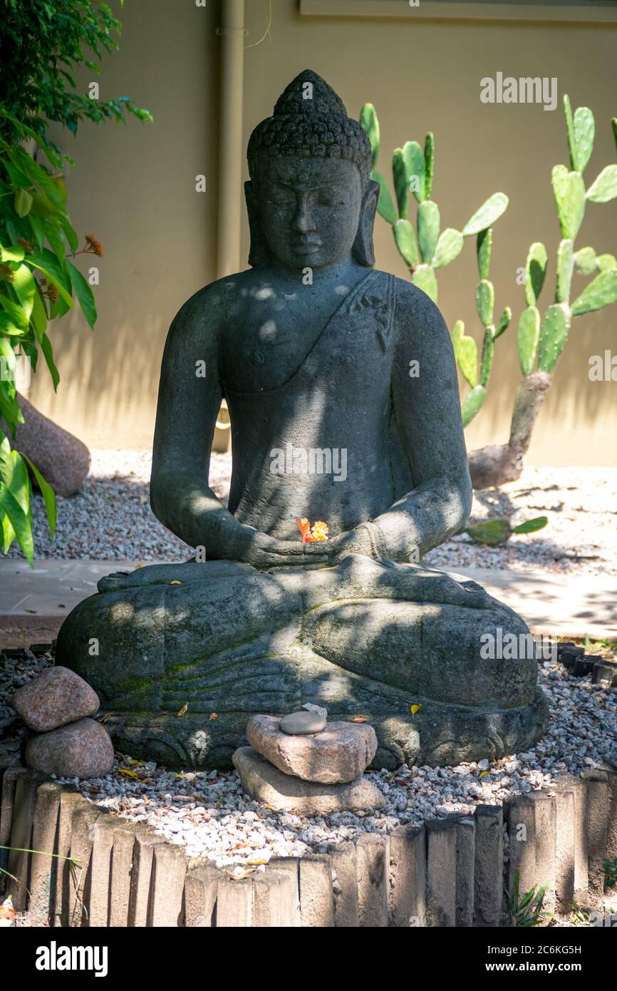 méditer la statue de bouddha dans le jardin minéral. Bouddha en position lotus avec une fleur d'orange dans sa main Banque D'Images