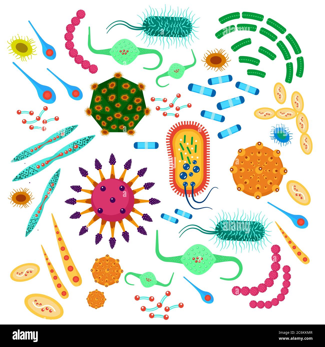 Collection de virus de bactéries vectorielles. Microbiologie superbug, micro-organismes et microbes infection épidémique bactéries ensemble d'icônes Illustration de Vecteur