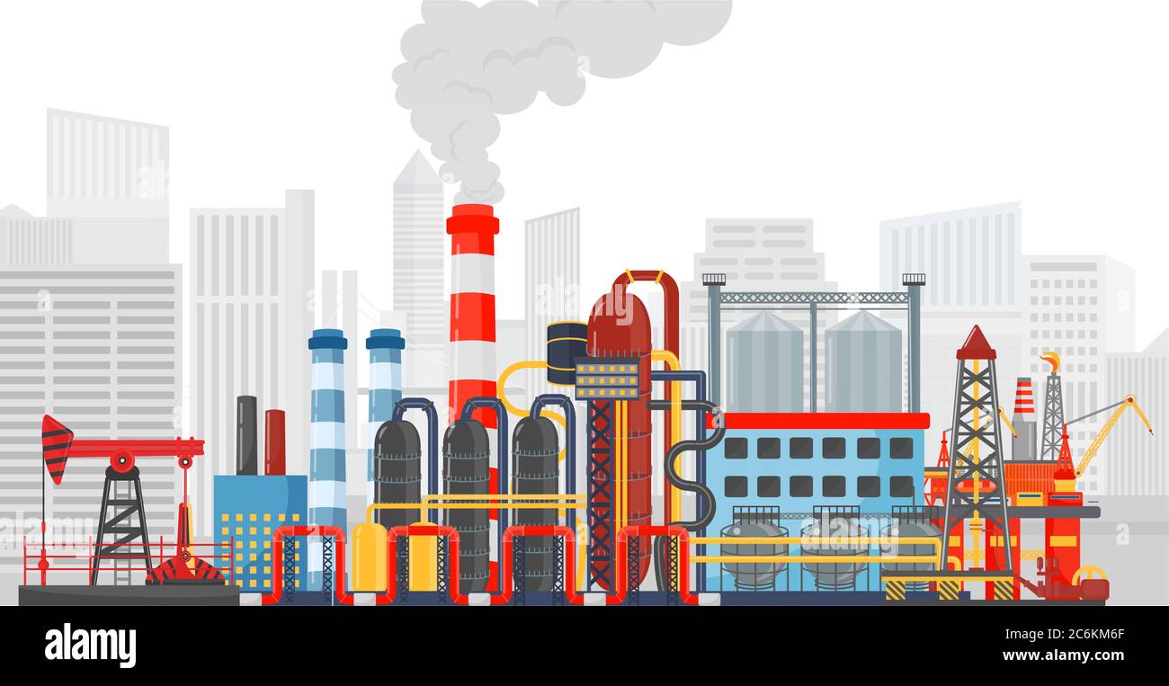 Usine sur le fond de la ville. Paysage industriel. Industrie du gaz de pétrole Illustration de Vecteur