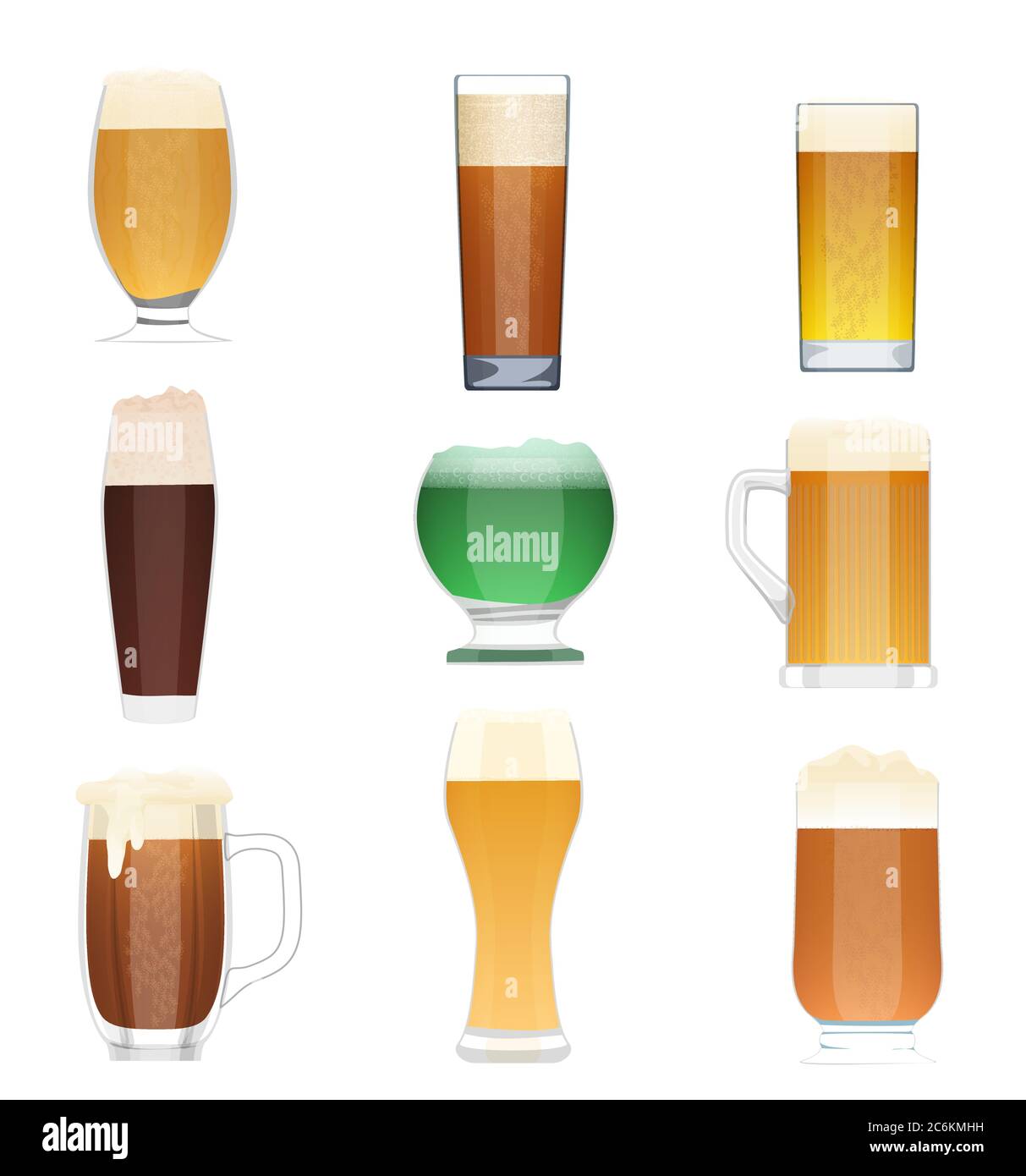 Ensemble de collecte de bière de différents types. Symboles de bouteille de bière vectorielle, tasses en verre à bière. Vacances Oktoberfest bière Illustration de Vecteur