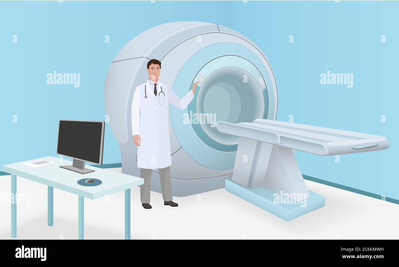 Le médecin invite le patient à l'examen du cerveau du corps de l'appareil IRM. Procédure d'examen IRM et de diagnostic en salle d'intervention. Vecteur réaliste Illustration de Vecteur