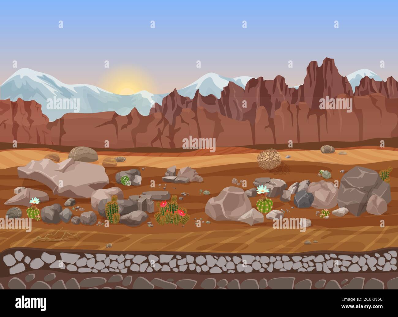 Paysage de désert de pierre sèche de dessin animé avec cactus, montagnes, rochers et sable Illustration de Vecteur Paysage de désert de pierre sèche de dessin animé avec cactus, montagnes, rochers et sable Illustration de Vecteur
