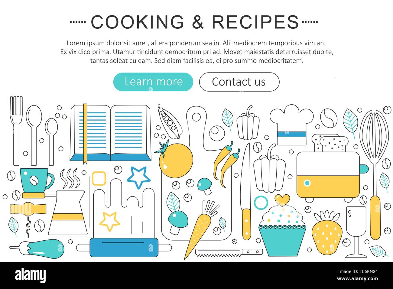Vector élégant fin ligne plat moderne cuisine et recettes de cuisine concept. Mise en page des éléments de bannière d'en-tête de site Présentation, circulaire et affiche Illustration de Vecteur