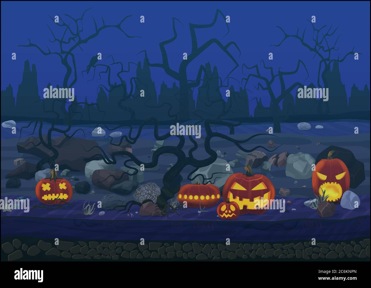 Minuit halloween fond avec des citrouilles et des arbres Illustration de Vecteur