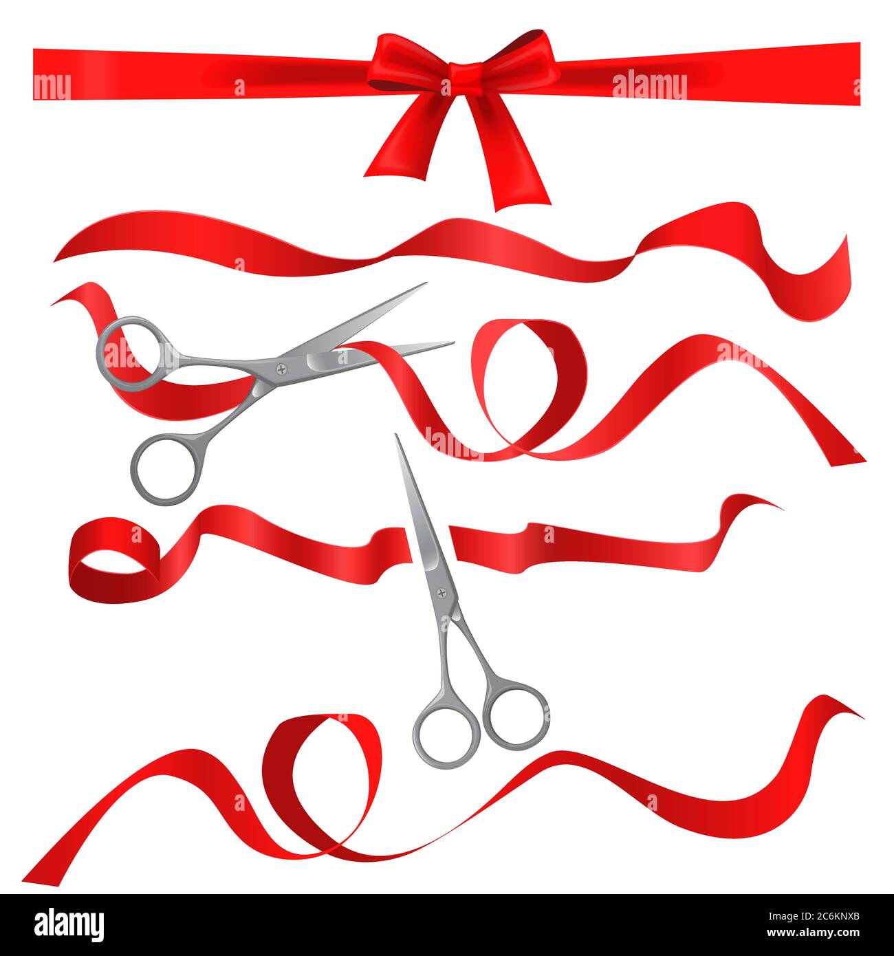 Ciseaux en métal chromé et doré coupant le ruban en soie rouge. Ruban adhésif et ciseaux pour cérémonie d'ouverture réaliste Illustration de Vecteur