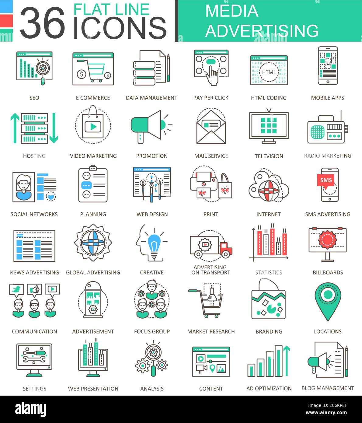 Vector Media publicité moderne couleur lignes plates icônes pour les applications et la conception Web Illustration de Vecteur