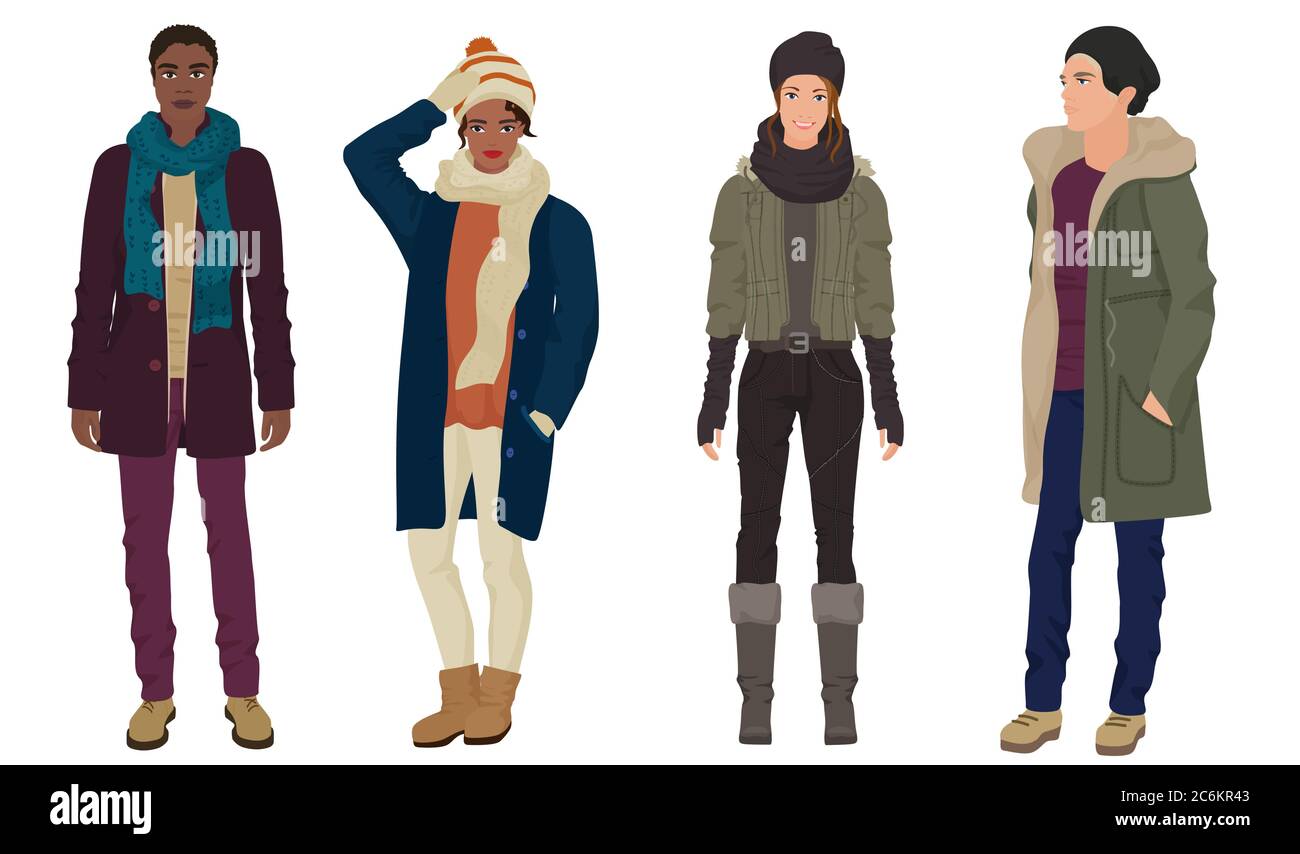 Beaux jeunes garçons avec de belles filles modèles en hiver chaud décontracté moderne vêtements de mode isolés. Couples de personnes noires et blanches Illustration de Vecteur