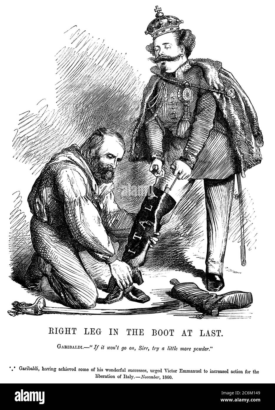 1860, ITALIE: L'heroe ITALIEN Risogimentaire GIUSEPPE GARIBALDI ( 1807 - 1882 ). Illustration satyricale par l'artiste JOHN TENNIEL du magazine britannique PUNCH ( Londres, novembre 1860 ), JAMBE DROITE DANS LA CHAUSSURE ENFIN , avec Garibaldi aidant le roi d'Italie VICTOR EMMANUEL II unification de l'Italie . - UNIFICATION DE L'ITALIE - POLITI - POLITICA - POLITIQUE - Re VITTORIO EMANUELE II di SAVOIA - Unità d'Italia - Risorgimento - foto storiche - foto storica - HISTOIRE - portrait - ritrato - barbe - barba - chapeau - cappello - spada - épée - vignetta satirica - SATIRA - SATYRICAL - caricatura - caricature Banque D'Images