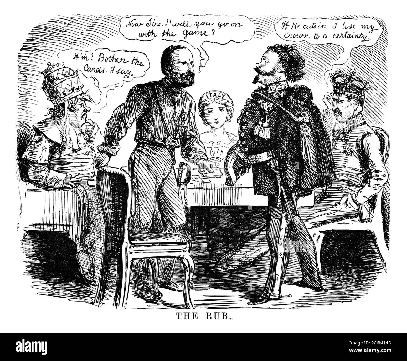 1860, ITALIE: L'heroe ITALIEN Risogimentaire GIUSEPPE GARIBALDI ( 1807 - 1882 ). Illustration satyricale par artiste inconnu du magazine britannique PUNCH ( Londres, 26 octobre 1860 ), LE RUB , avec Garibaldi représenté cartes à jouer avec le Pape Pie IX . le Roi des deux Siciles le Roi FRANCESCO II di BORBONE et l'Italie , Forcé de laisser les cartes gagnantes avec Poker d'as au Roi d'Italie VICTOR EMMANUEL II près de Naples . - PAPA PIO IX - UNIFICATION DE L'ITALIE - POLITHO - POLITICA - POLITIQUE - Re VITTORIO EMANUELE II di SAVOIA - Unità d'Italia - Risorgimento - foto storich Banque D'Images