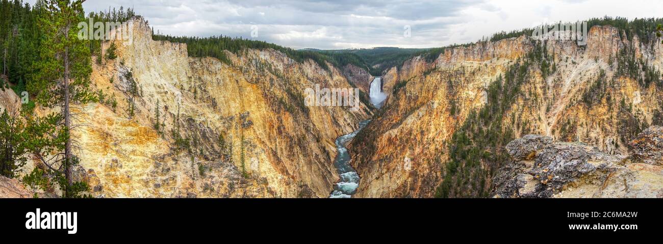 Panorama de Lower Falls et du Grand Canyon de Yellowstone depuis Artist point. Le canyon mesure 20 kilomètres de long, plus de 1,000 pieds de profondeur et jusqu'à 4,000 pieds Banque D'Images
