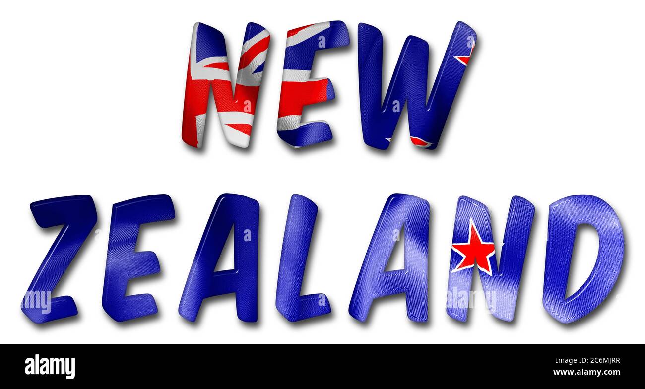 Mot de Nouvelle-Zélande avec une texture drapeau sur un fond blanc isolé avec un chemin de coupure pour avec et sans l'ombre Banque D'Images