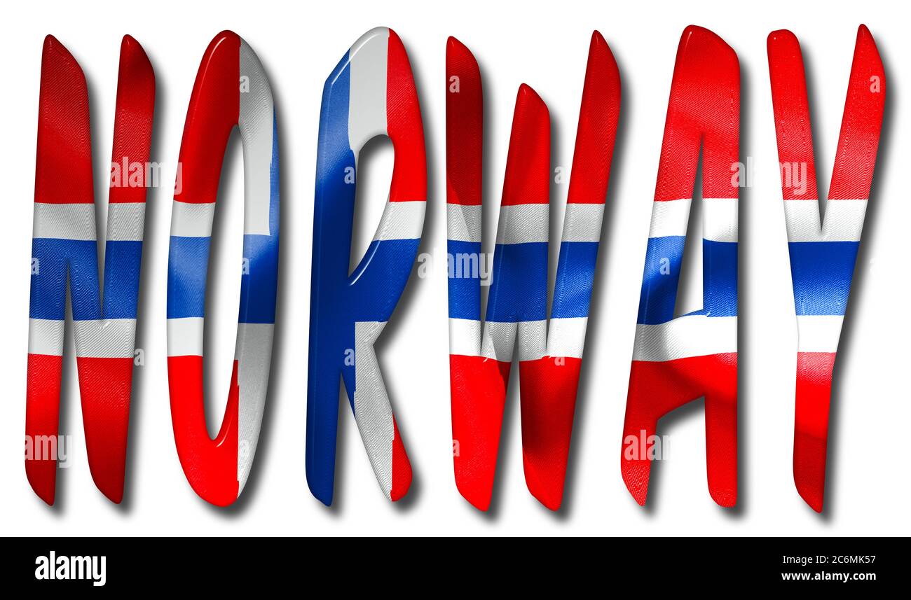 Mot de Norvège avec une texture drapeau sur un fond blanc isolé avec un chemin de coupure pour avec et sans l'ombre Banque D'Images