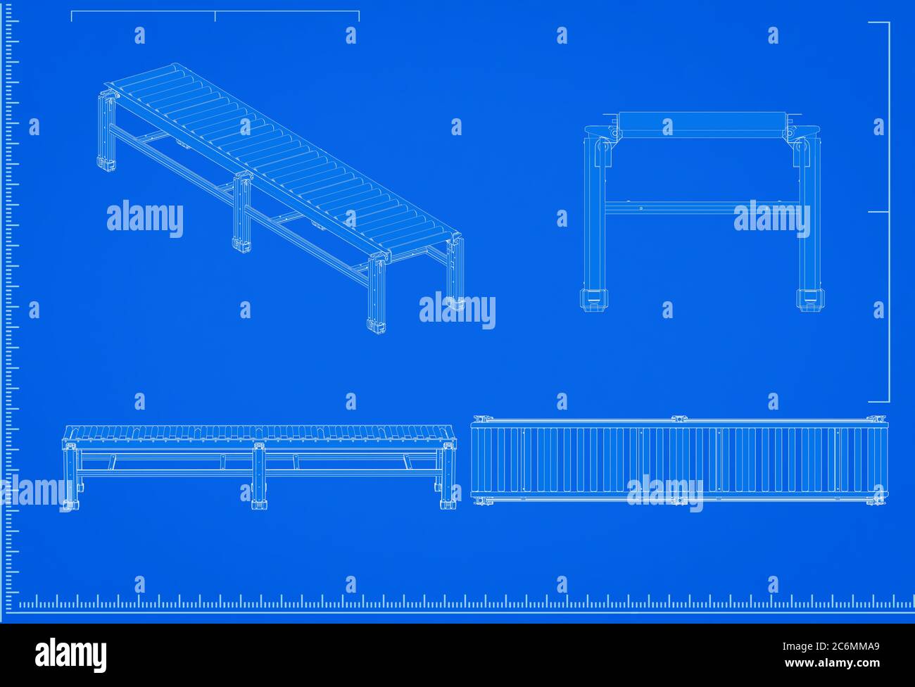 modèle de ligne de convoyeur de rendu 3d avec échelle sur fond bleu Banque D'Images