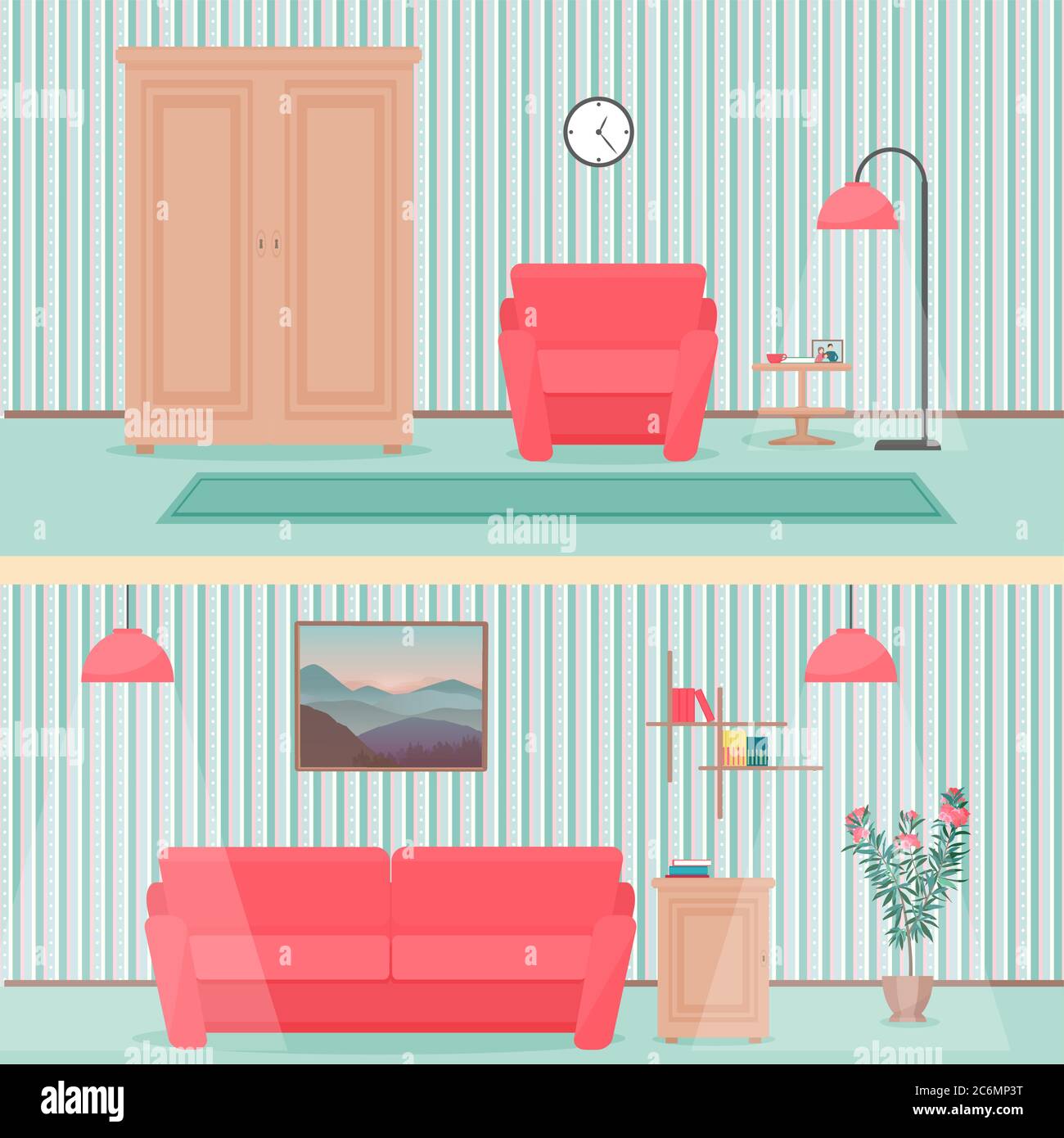 Décoration intérieure colorée et plate de salon avec armoire, canapé, moquette, fleurs et lampe Illustration de Vecteur