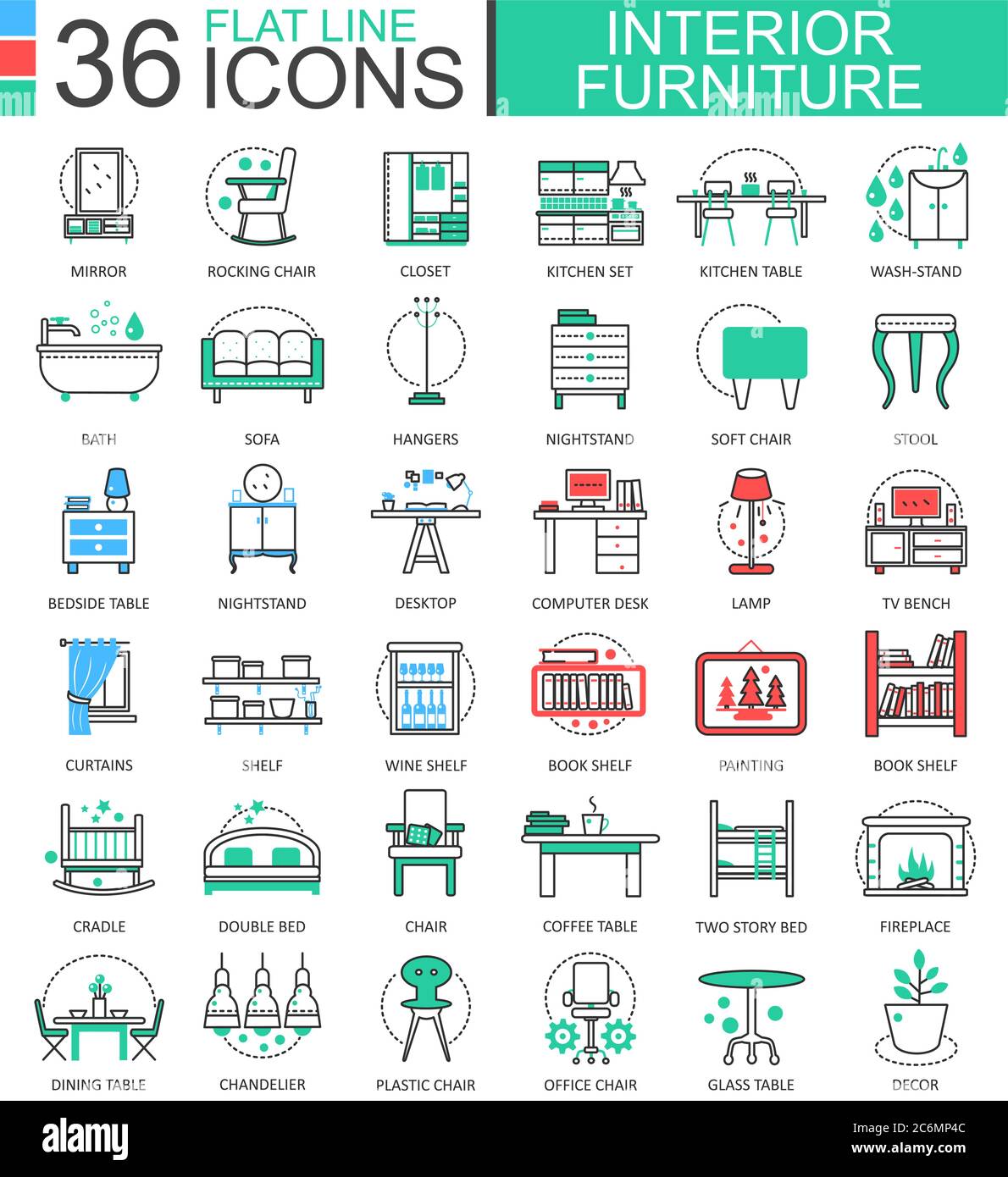 Intérieur vectoriel mobilier lignes plates pour applications et conception web. Icônes de collection de meubles Illustration de Vecteur