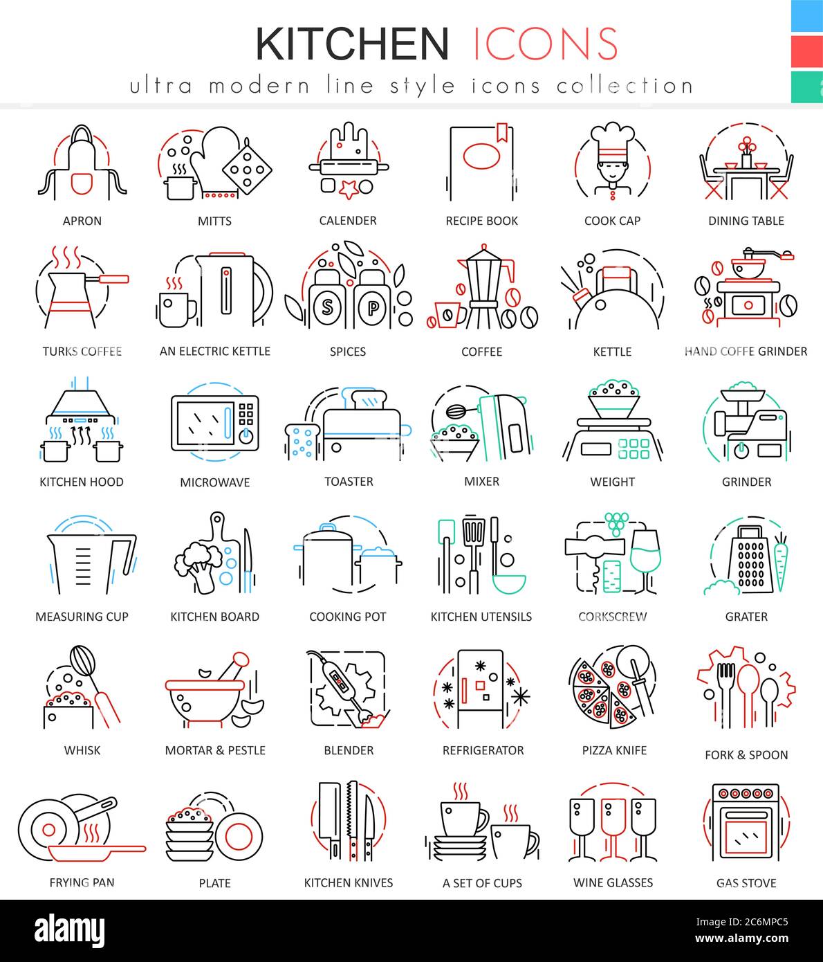 Icônes vectorielles couleur de la cuisine pour les applications et la conception Web. Icônes des outils de cuisine Illustration de Vecteur