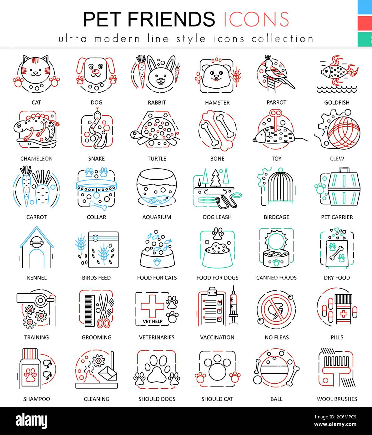 Icônes vectorielles de ligne de couleur pour amis animaux pour applications et conception Web. Icônes d'animal domestique Illustration de Vecteur