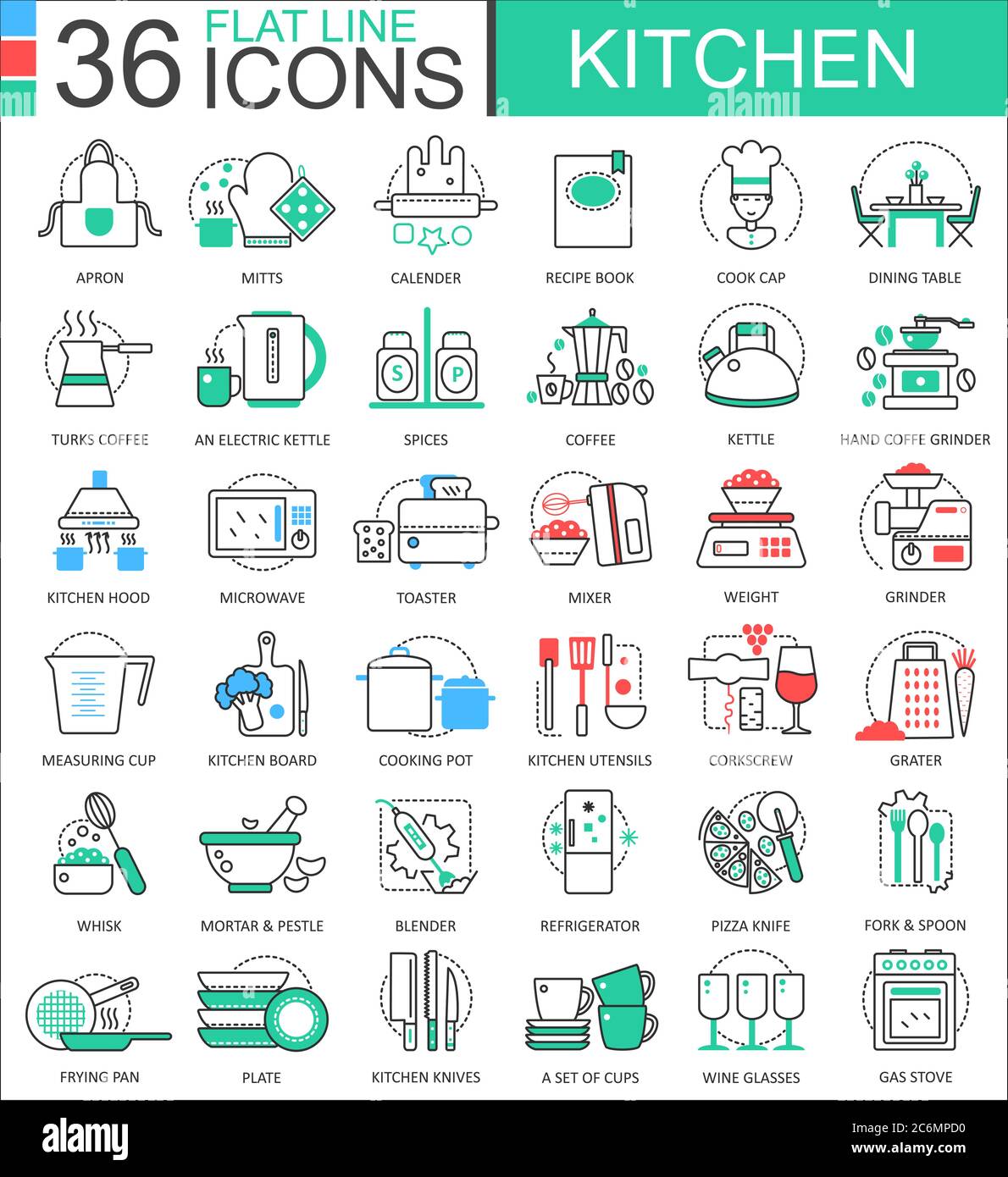 Icônes vectorielles couleur de la cuisine pour les applications et la conception Web. Icônes d'éducation Internet Illustration de Vecteur