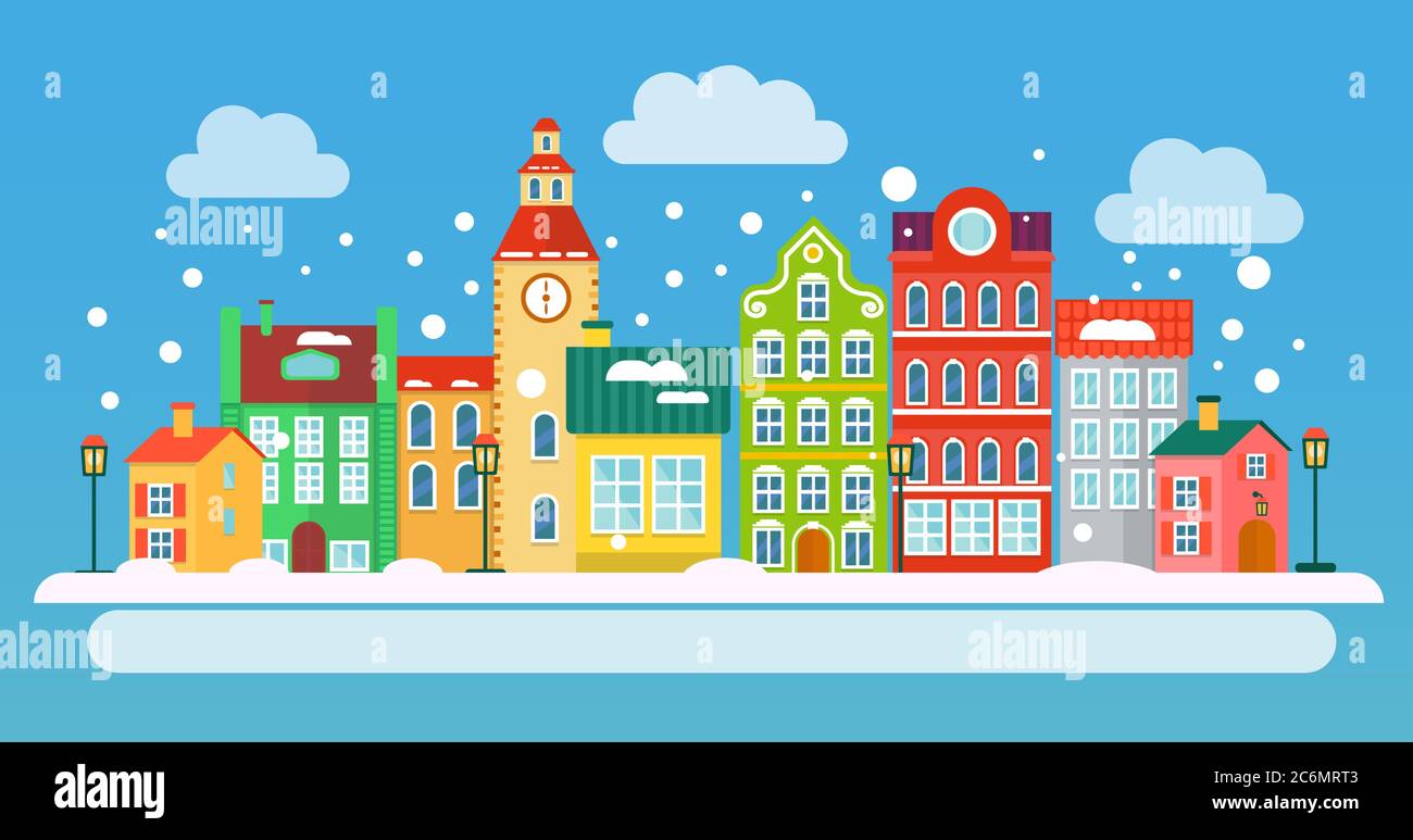 Paysage urbain d'hiver dans un style plat. Illustration vectorielle. Concept de petite ville Illustration de Vecteur