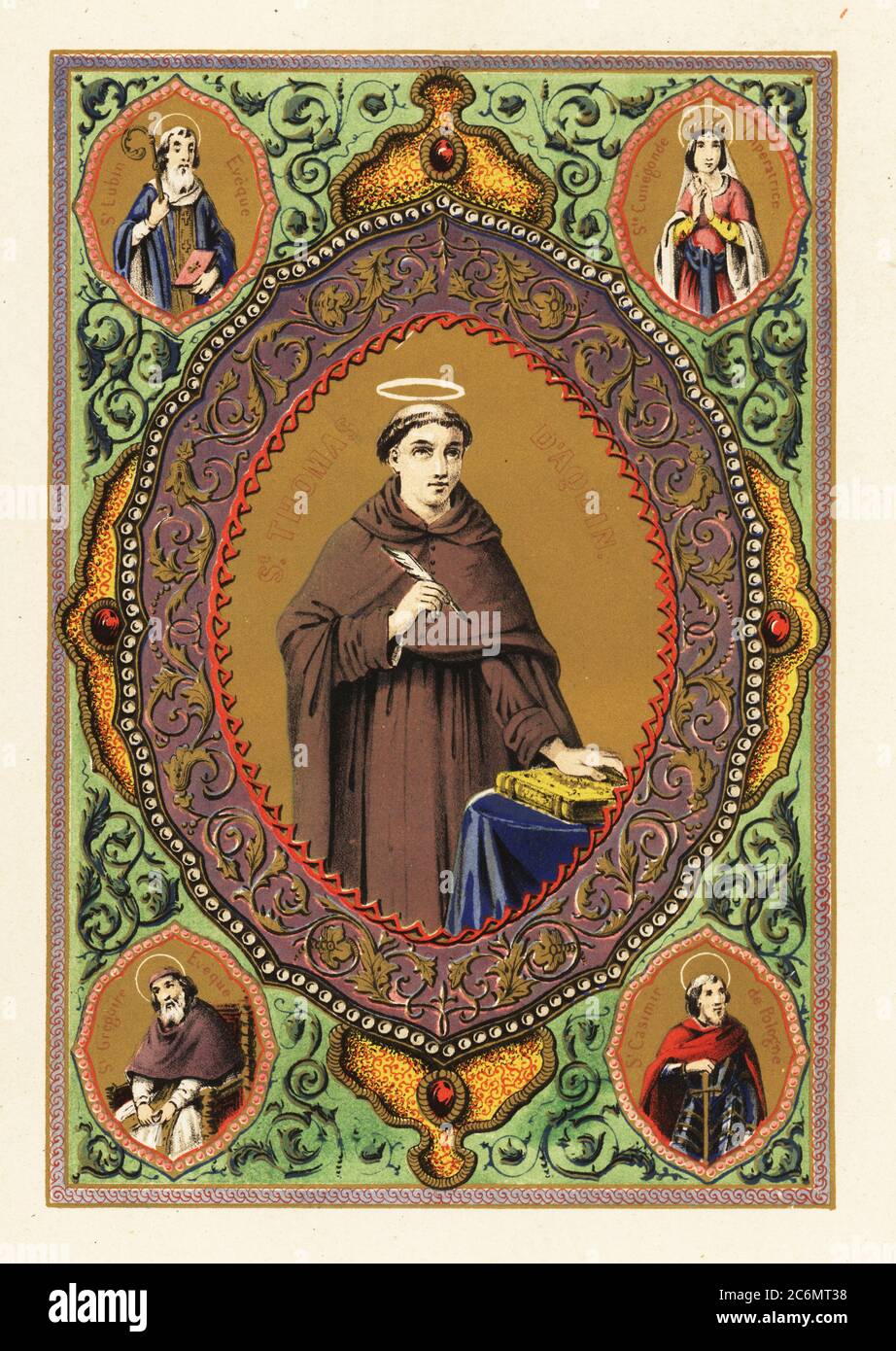 Portrait de Saint Thomas d'Aquin, avec halo, plume de quill et Bible, dans une bordure décorative de feuillage et de dorure. Vignettes de Saint Leobinus, Évêque de Chartres, Saint Cunigunde de Luxembourg, Sainte impératrice romaine, Saint Casimir Jagielon, prince de Pologne, et Saint Grégoire de Nyssa, Évêque de Nyssa. Chromolithographe de Legende Celeste, nouvelle histoire de la vie des Saints, Légende céleste, vies des Saints, Paul Mellier, Paris, 1845. Chromolithographie de Jules Desportes, professeur de lithographie à l'Institut Royal des Sourds-Muets. Banque D'Images