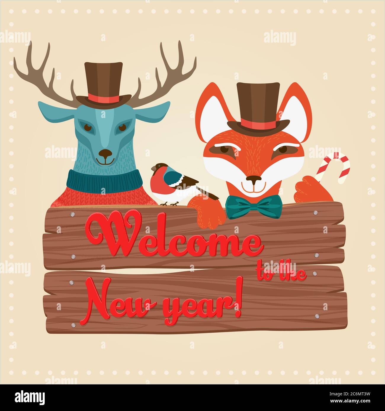 Noël animaux de la forêt mignon cerfs et renard tenant panneau avec Bienvenue aux mots du nouvel an. Animaux mode Vector en vêtements Illustration de Vecteur