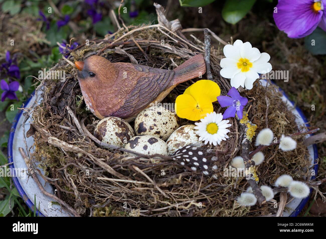 pâques nid avec oiseau, oeufs de caille et fleurs comme décoration de pâques Banque D'Images