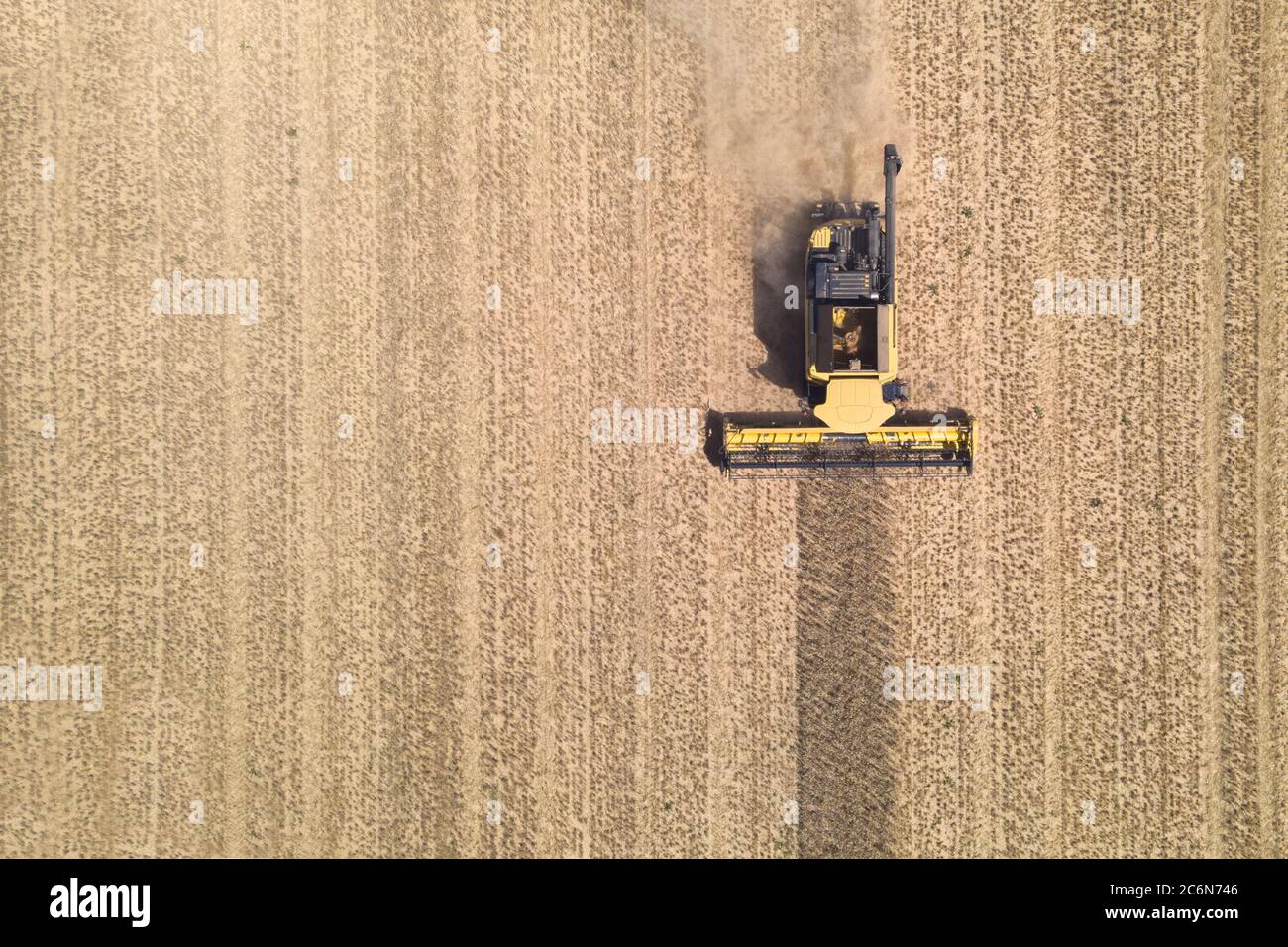 vue aérienne d'une moissonneuse-batteuse moderne en action, mettant fin à la récolte d'un champ de blé Banque D'Images