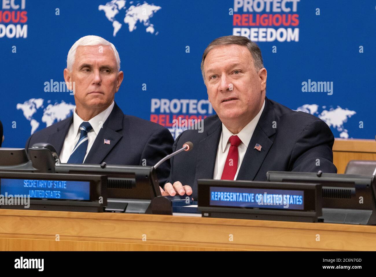 Le secrétaire d'État américain Michael R. Pompeo à l'événement des Nations Unies sur la liberté religieuse à New York, New York, le 23 septembre 2019 Banque D'Images