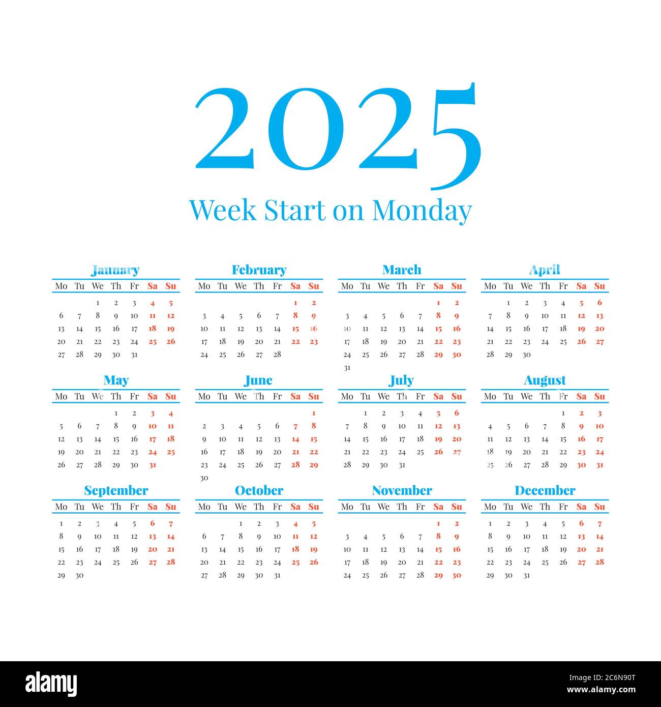 Calendrier classique 2025. Les jours de la semaine commencent le lundi Illustration de Vecteur