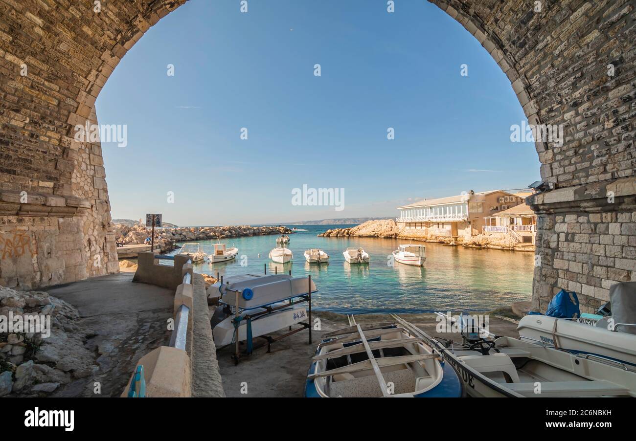 Marseille, France, la corniche. Vue sur la vallée de l'Auffes. Banque D'Images