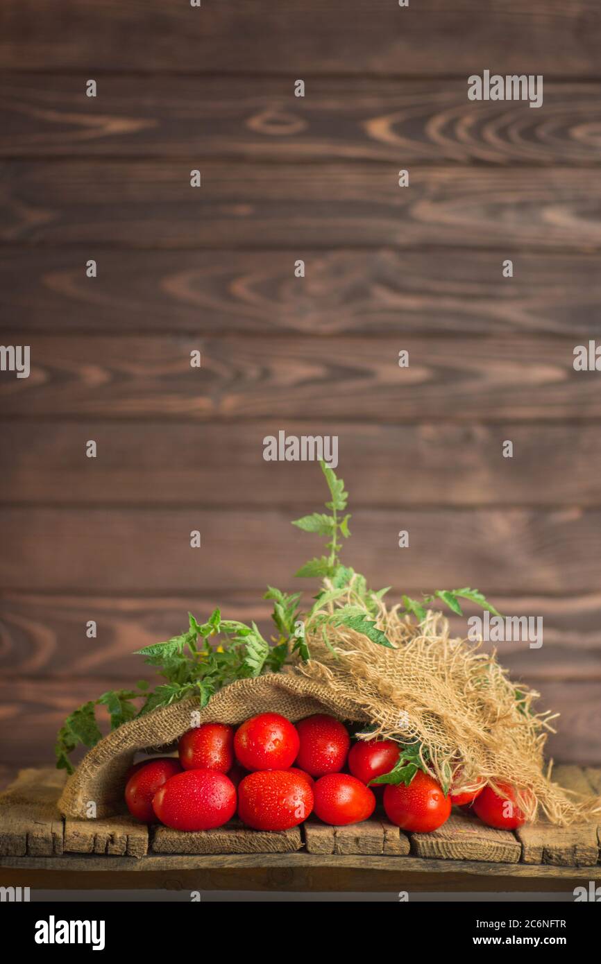 Longues tomates prune sur une table en bois. Style ukrainien. Concept de produit naturel. Emplacement vide pour le texte. Banque D'Images