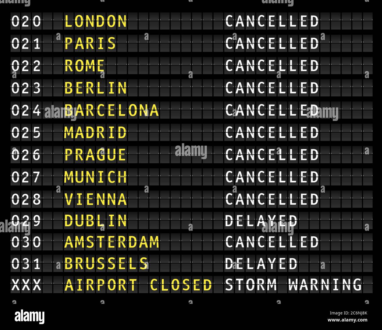 Les informations de vol s'affichent sur un aéroport et indiquent les vols annulés en raison d'un avertissement de tempête, vecteur Illustration de Vecteur